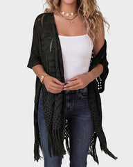 Open-Front Crochet Tassel Kimono Cardigan