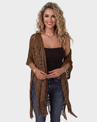 Open-Front Crochet Tassel Kimono Cardigan