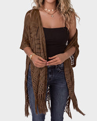 Open-Front Crochet Tassel Kimono Cardigan