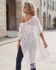 Open-Front Crochet Tassel Kimono Cardigan