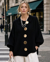 Oversized Ribbed Knit Cardigan with Gold-Tone Buttons