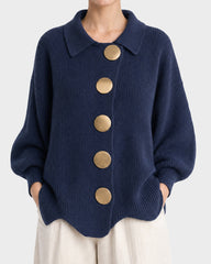 Oversized Ribbed Knit Cardigan with Gold-Tone Buttons