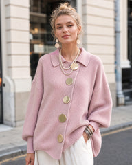 Oversized Ribbed Knit Cardigan with Gold-Tone Buttons