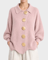 Oversized Ribbed Knit Cardigan with Gold-Tone Buttons