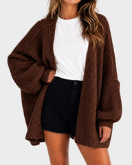 Oversized Lantern-Sleeve Open-Front Knit Cardigan
