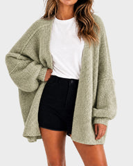 Oversized Lantern-Sleeve Open-Front Knit Cardigan