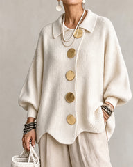 Oversized Ribbed Knit Cardigan with Gold-Tone Buttons