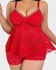 Plus Size Sheer Lace Cami Set