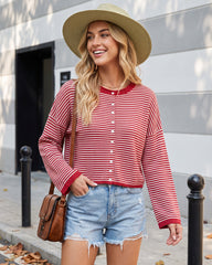 Relaxed Striped Button-Front Knit Cardigan