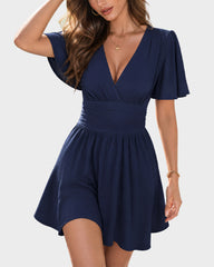 Ruched V-Neck Flutter-Sleeve Mini Dress