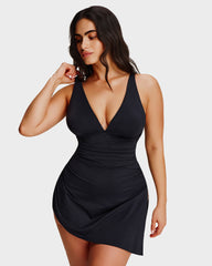 Ruched V-Neck Side Tie Slimming Swim Dress