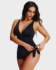 Ruched V-Neck Side Tie Slimming Swim Dress