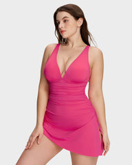 Ruched V-Neck Side Tie Slimming Swim Dress