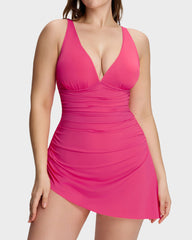 Ruched V-Neck Side Tie Slimming Swim Dress