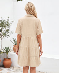Short-Sleeve Button-Down Tiered Mini Shirt Dress