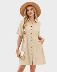 Short-Sleeve Button-Down Tiered Mini Shirt Dress