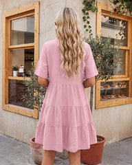 Short-Sleeve Button-Down Tiered Mini Shirt Dress