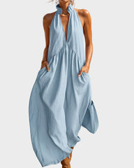 Slimming Flowy Halter Maxi Dress with Pockets