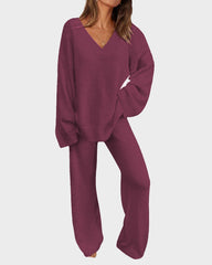 Soft Fuzzy V-Neck Loungewear Set