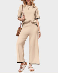 Soft Knit 2-Piece Lounge Set with Short Sleeve Top & Wide Leg Pants