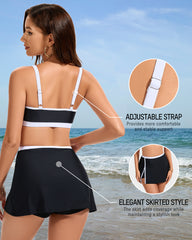 Sporty Color Block Side Slit Skirted Bikini Set