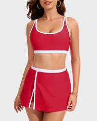 Sporty Color Block Side Slit Skirted Bikini Set