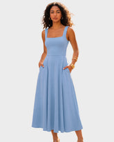 Square-Neck Back-Tie A-Line Midi Dress