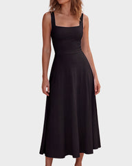 Square-Neck Back-Tie A-Line Midi Dress