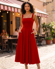 Square-Neck Back-Tie A-Line Midi Dress