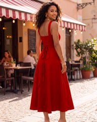 Square-Neck Back-Tie A-Line Midi Dress