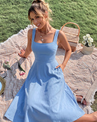 Square-Neck Back-Tie A-Line Midi Dress