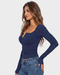 Square Neck Lace Trim Button Front Ribbed Knit Top