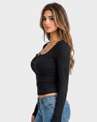 Square Neck Lace Trim Button Front Ribbed Knit Top