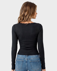 Square Neck Lace Trim Button Front Ribbed Knit Top