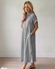 Striped Cotton Button-Front Midi Shirt Dress