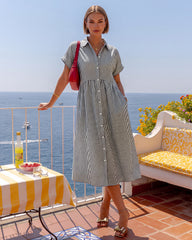 Striped Cotton Button-Front Midi Shirt Dress