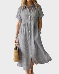 Striped Cotton Button-Front Midi Shirt Dress