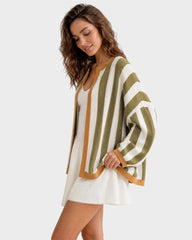 Striped Open-Front Knit Cardigan with Balloon Sleeves