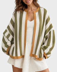 Striped Open-Front Knit Cardigan with Balloon Sleeves