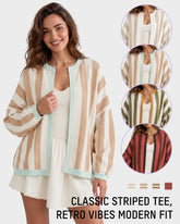 Striped Open-Front Knit Cardigan with Balloon Sleeves