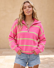 Striped Drop-Shoulder Quarter-Zip Knit Sweater