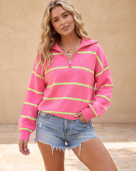 Striped Drop-Shoulder Quarter-Zip Knit Sweater