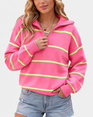 Striped Drop-Shoulder Quarter-Zip Knit Sweater