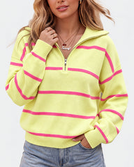 Striped Drop-Shoulder Quarter-Zip Knit Sweater