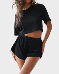 Two-Piece Striped Pajama Set with T-Shirt & Side-Split Shorts