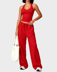 V-Neck Strappy-Back Top & Wide-Leg Pants Set