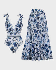 V Neck Lace Up Printed One Piece Swimsuit and Skirt