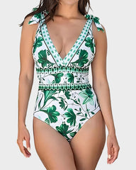V Neck Lace Up Printed One Piece Swimsuit and Skirt