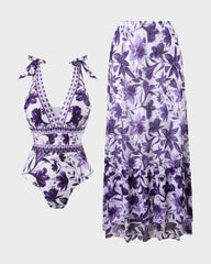 V Neck Lace Up Printed One Piece Swimsuit and Skirt