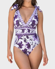 V Neck Lace Up Printed One Piece Swimsuit and Skirt